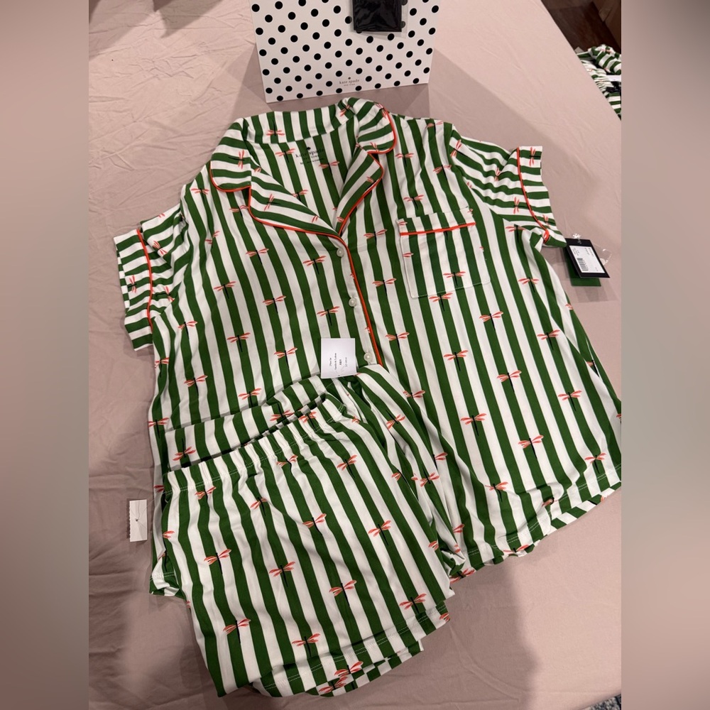 kate spade Green and White Striped Short Pajama Set with Coral Trim - Picture 1 of 8